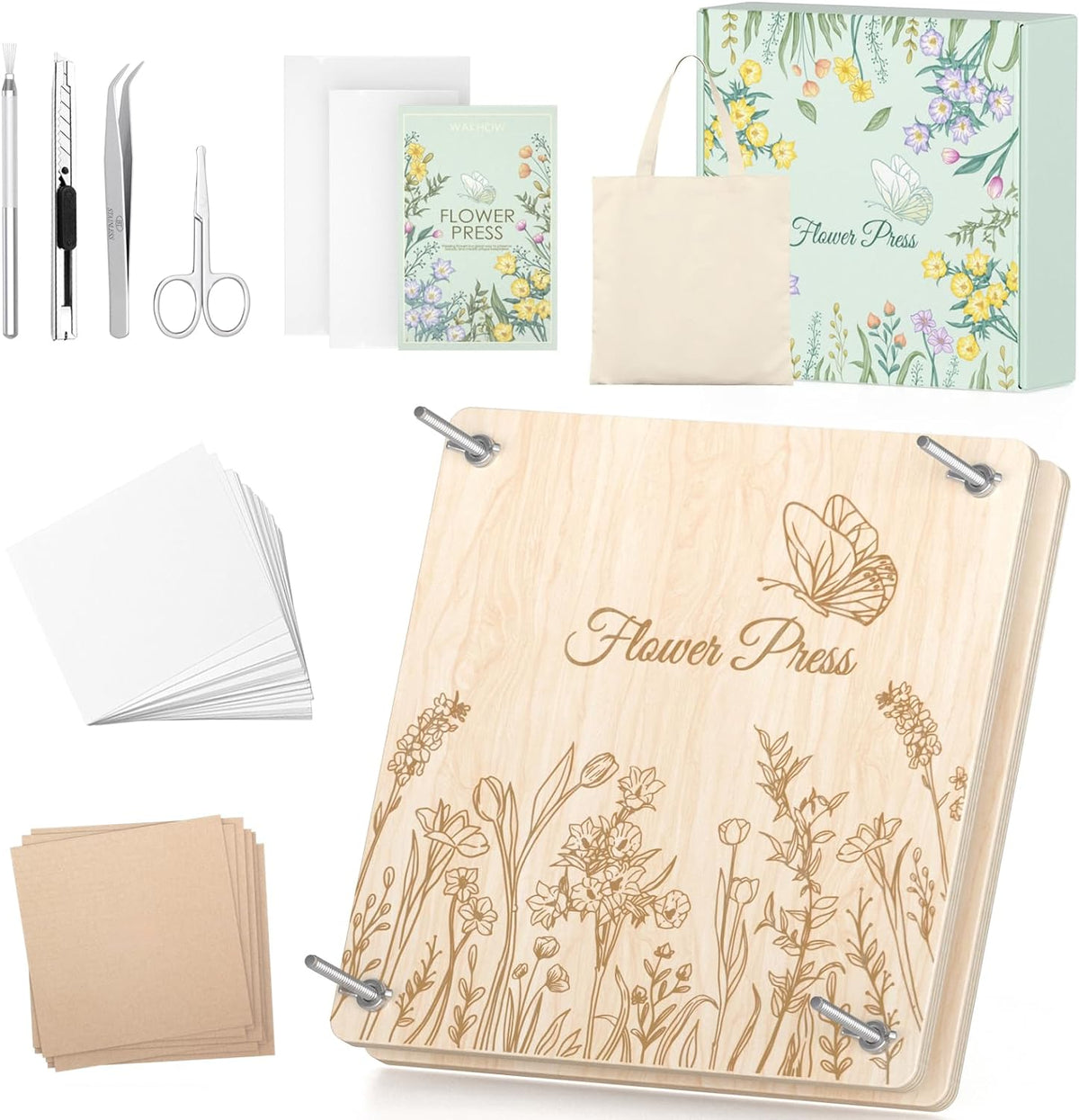 Flower Press Kit, 11" x 11" Large Wooden Flower Press for Adult Teen | 10-Layer Drying Capacity, Preserve Flowers & Leaves Naturally, Create Pressed Flower Art, Bouquet Preservation, DIY Crafts