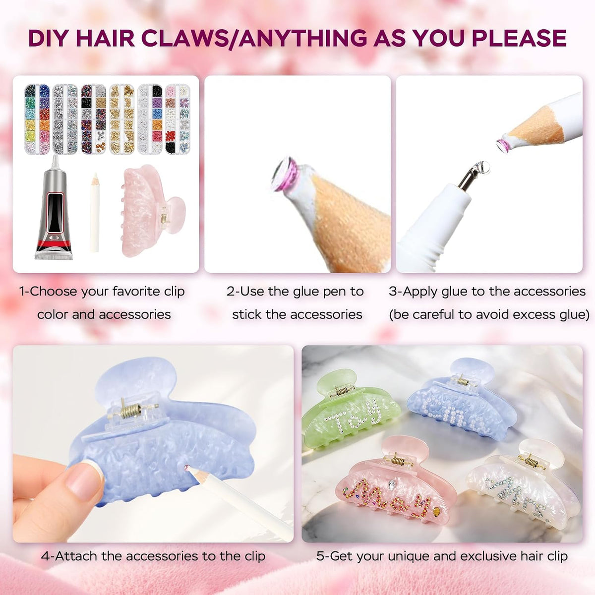 8 Sets DIY Hair Claw Clips Kit, Claw Clip Decorating Kit for Craft Night | Claw Clip Bedazzling Kit, 6 Boxes Accessories with Storage Box, Custom Hair Clip Making Kit for Women Adults DIY Craft Night - view 5