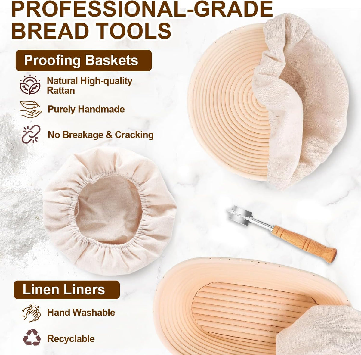 Sourdough Starter Kit, Banneton Bread Proofing Basket Set with Glass Starter Jar, 9" Round & 10" Oval Proving Basket Supplies, Complete Sourdough Bread Baking Tools Kit Gift for Bakers Women - view 3
