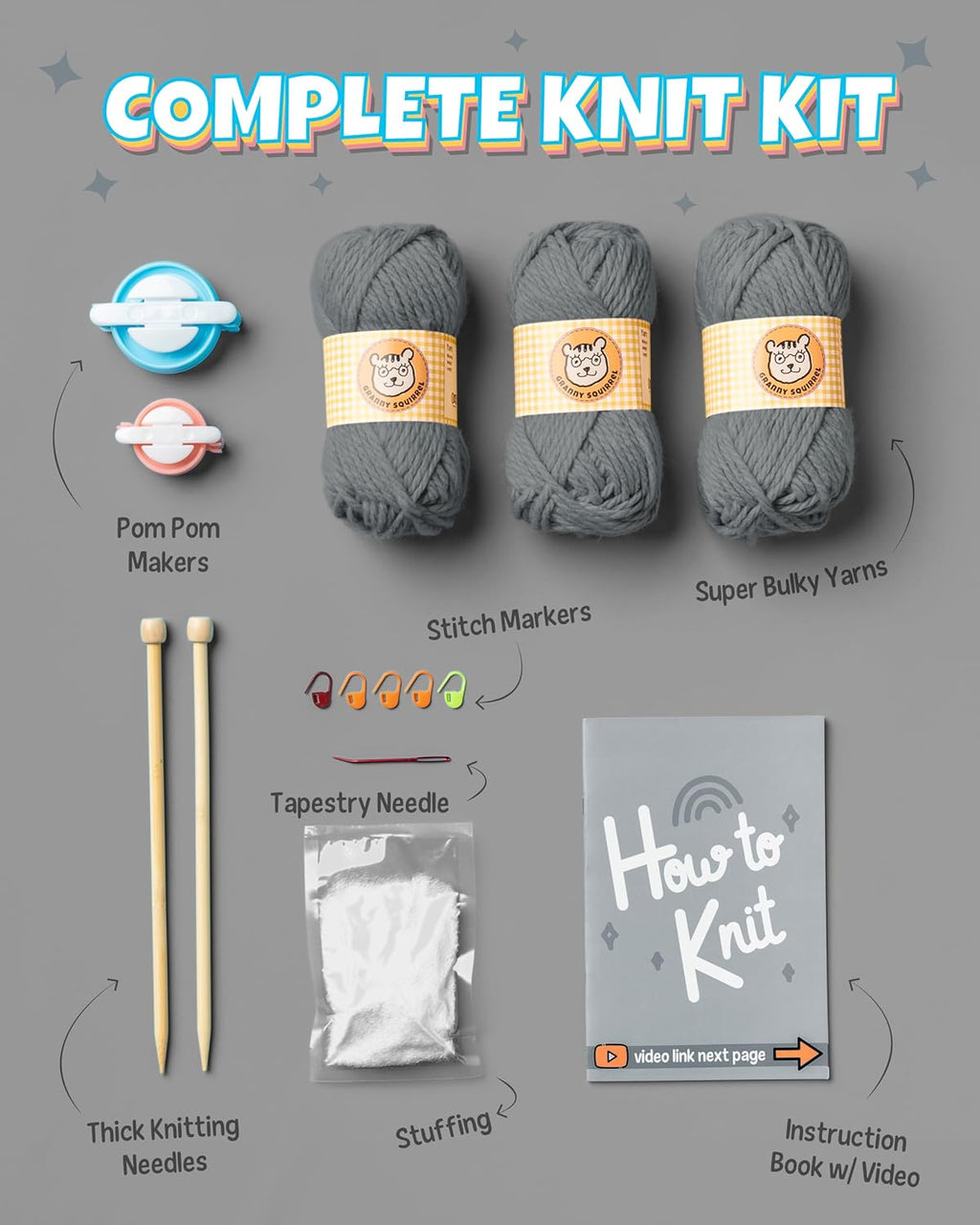 Complete Knitting Kit for Beginners - Learn to Knit Kit with Knitting Accessories Like Thick Beginner Yarn in Gray, Bamboo Needles for Beginners & More - Includes Video Tutorials & Written Guide - view 4