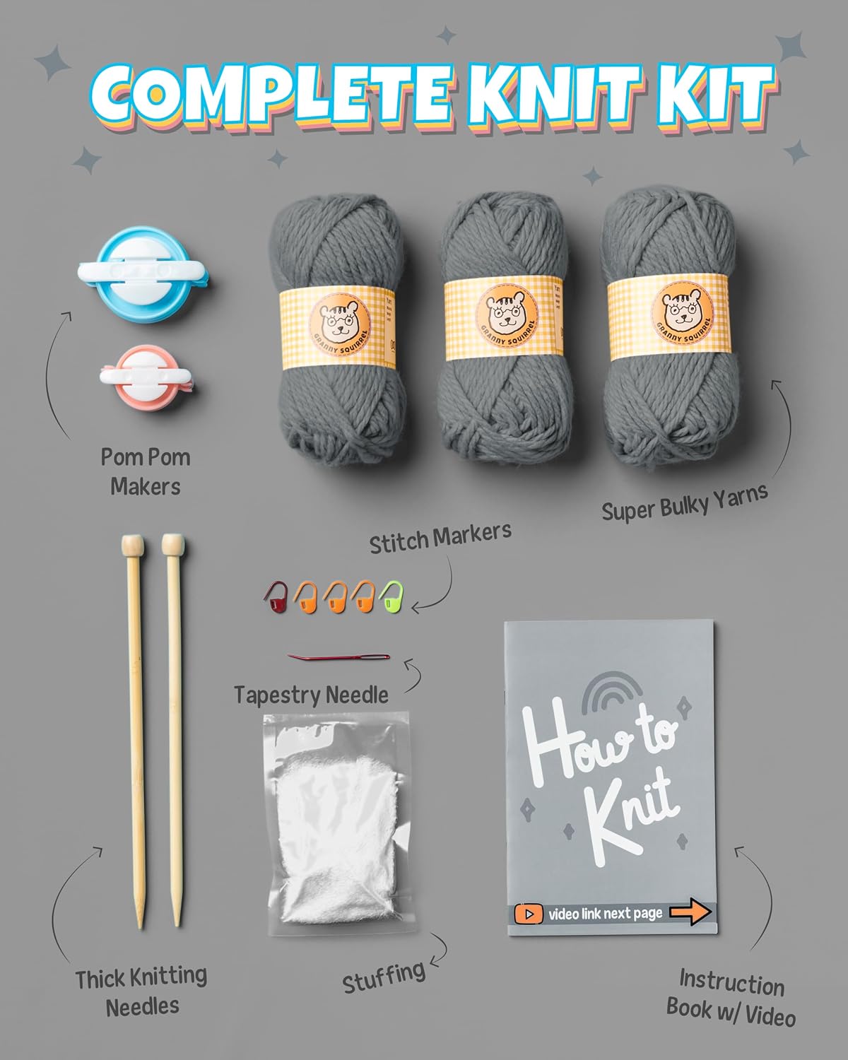 Complete Knitting Kit for Beginners - Learn to Knit Kit with Knitting Accessories Like Thick Beginner Yarn in Gray, Bamboo Needles for Beginners & More - Includes Video Tutorials & Written Guide - view 4