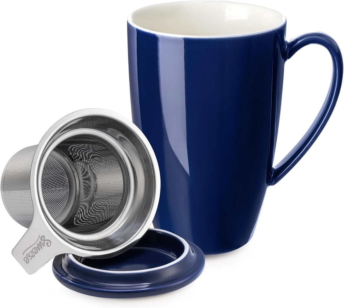15oz Ceramic Tea Cup with Infuser and Lid, Microwave and Dishwasher Safe, Extra-Fine Loose Leaf Tea Steeper, Comfortable Handle, Tea Set in Gift Box, Dark Blue