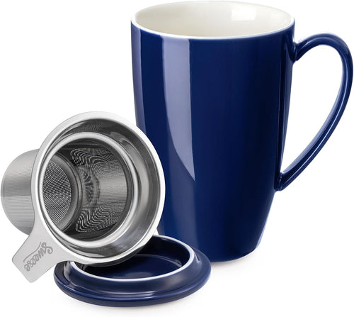 15oz Ceramic Tea Cup with Infuser and Lid, Microwave and Dishwasher Safe, Extra-Fine Loose Leaf Tea Steeper, Comfortable Handle, Tea Set in Gift Box, Dark Blue