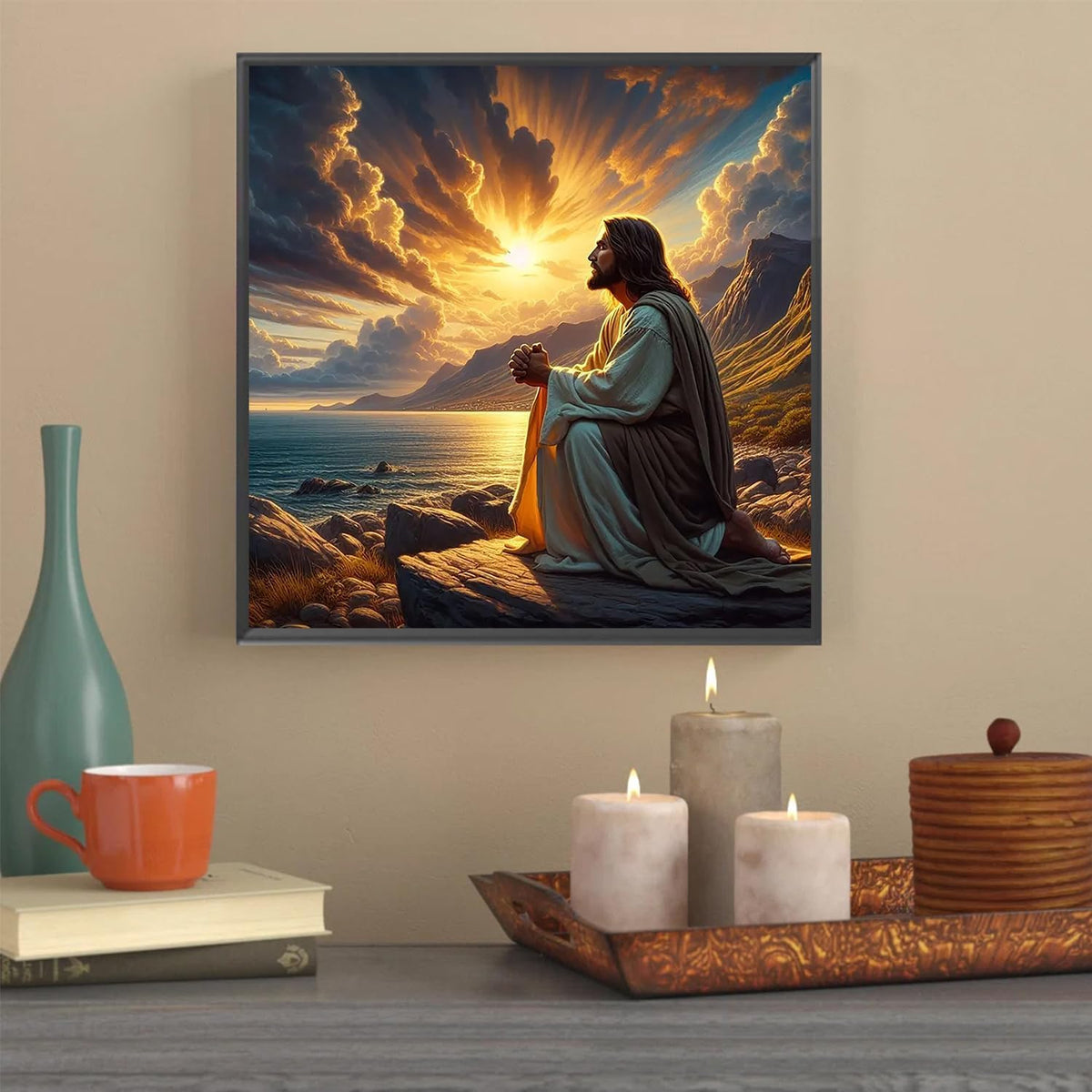 Jesus Christ Prayer Diamond Art Kits for Adults,Sunset Landscape 5D Diamond Painting Kits for Beginner,DIY Round Full Drill Diamond Dots Paintings Picture Gem Art&Crafts Home Decor 13.8x13.8in - view 3