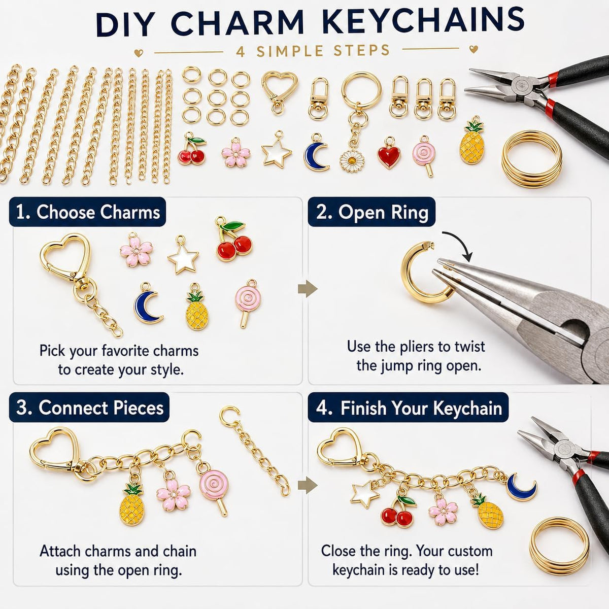 544-Piece Keychain Making Kit for Lip Gloss Holders & Bag Charms | 198 charms, 250 jump rings, clips, chains, jewelry pliers & opener, backpack charms, zipper pulls, party favors, craft nights - view 3
