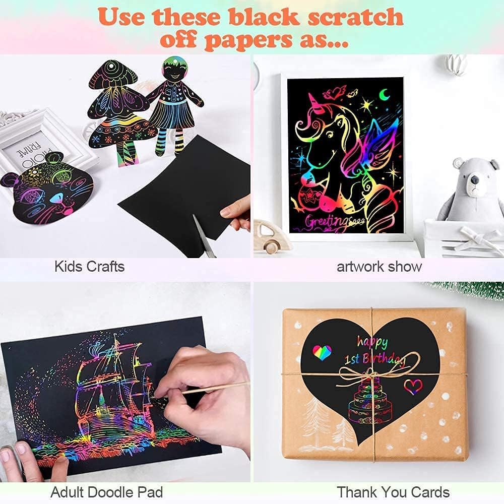 60 PCS Rainbow Scratch Art Paper for Kids, Magic Scratch Paper Off Set Art and Craft Supplies, Black Scratch Pads Party Game Activities Birthday Gifts for Girls Boys 3 4 5 6 7 8 9 Years Old - view 6