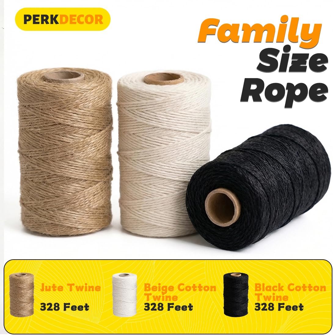 Twine String Natural Jute Twine & Cotton Twine Bundle - Bulk Packing Twine for Crafts, Gift Wrapping String, Gardening Twine, Home Decor (3 Rolls, 984ft, 2mm) - view 3