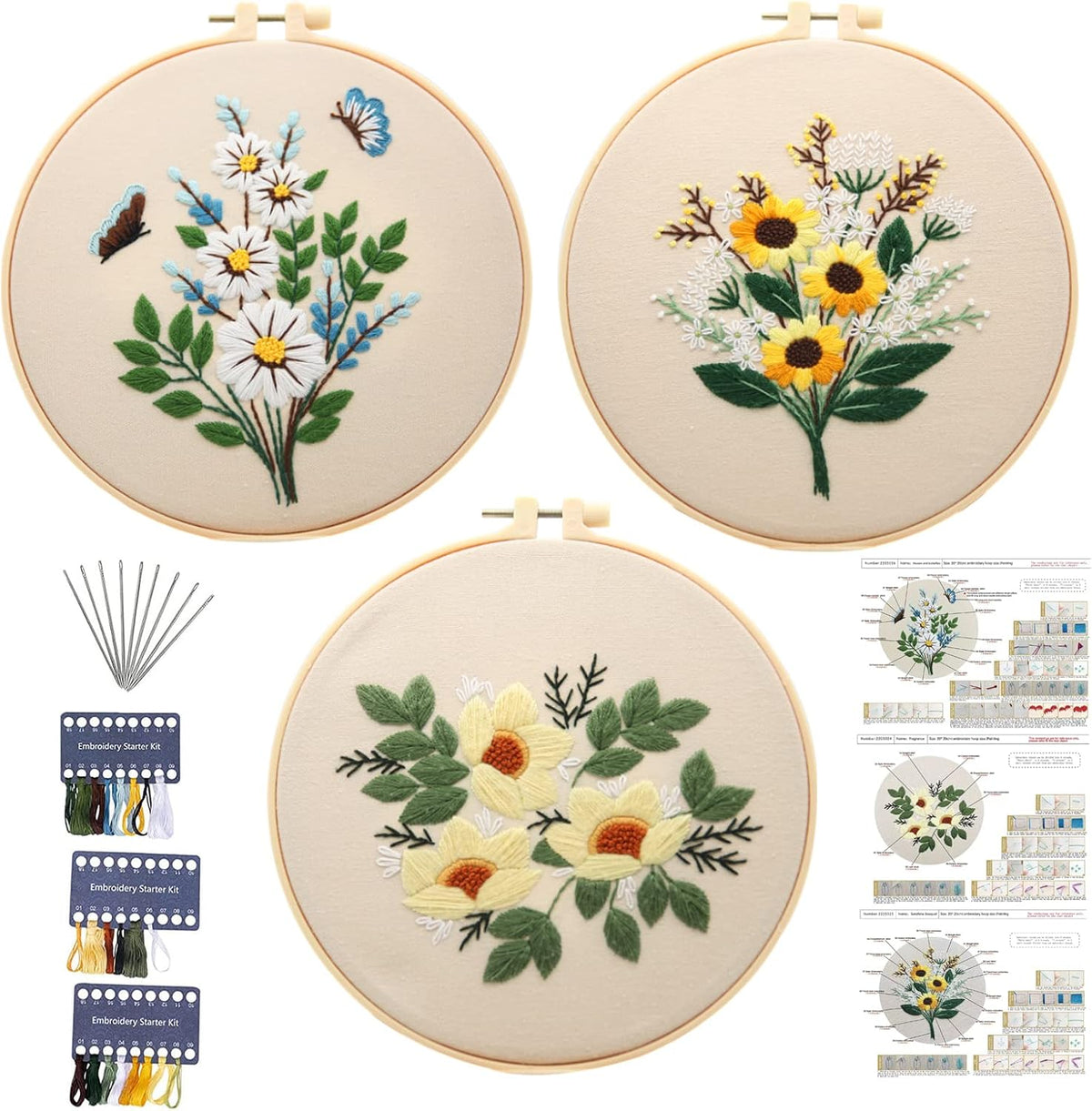 3 Sets Embroidery Kit for Beginners Needlepoint Cross Stitch Kits for Adults,Stitch Learning DIY Kit with Easy Instruction,Stamped Bird Embroidery Patterns,Hoop,Threads,Sewing Hobby - view 2