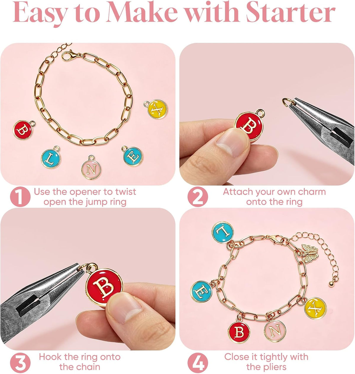 Friendship Bracelet Making Kit, DIY Jewelry Making Kit for Craft Night Beginners, Personalized Charms Birthday Gift with 12 Set Anti-Tarnish Chains & 78 Pcs Letters Charms - view 6