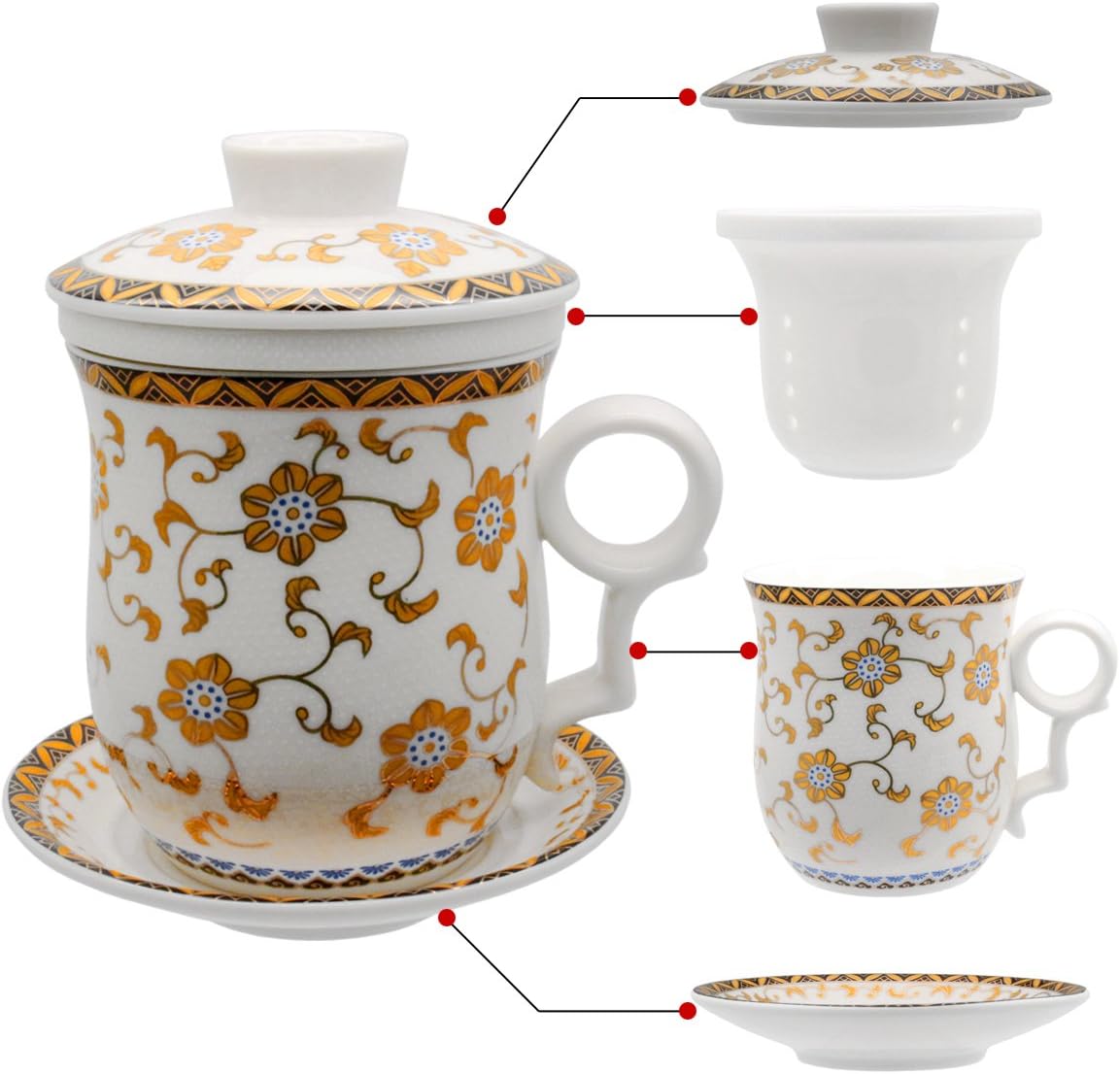 Porcelain Tea Cup with Infuser Lid and Saucer Sets - Chinese Jingdezhen Ceramics Coffee Mug Teacup Loose Leaf Tea Brewing System for Home Office - view 6