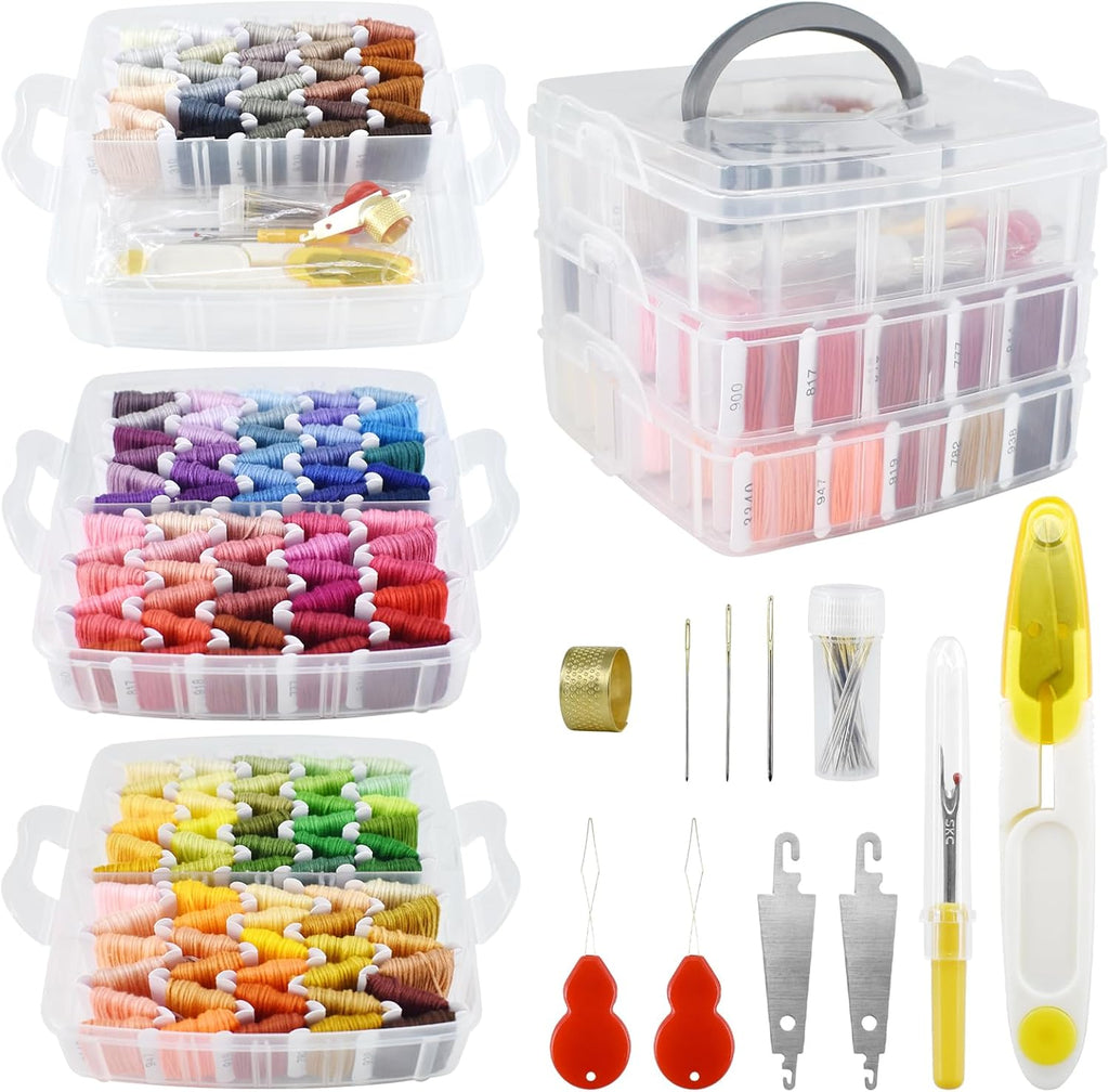 187 Pcs Embroidery Thread Floss Kit, 150 Colors Cross Stitch Threads Friendship Bracelet String and 37pcs Tools kit for Friendship Bracelets Arts DIY Crafts with 3-Tier Transparent Organizer Box