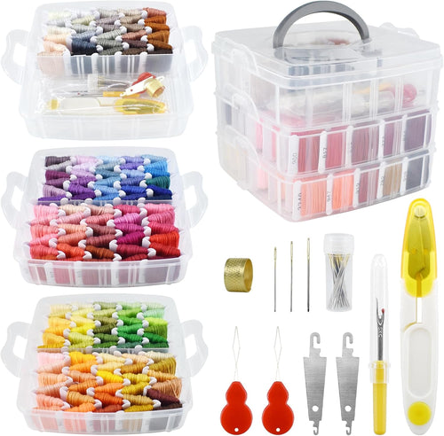 187 Pcs Embroidery Thread Floss Kit, 150 Colors Cross Stitch Threads Friendship Bracelet String and 37pcs Tools kit for Friendship Bracelets Arts DIY Crafts with 3-Tier Transparent Organizer Box