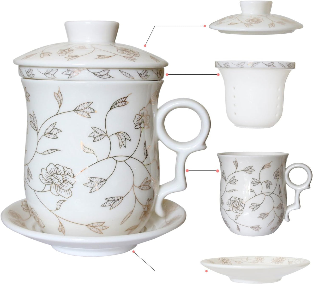 Porcelain Tea Cup with Infuser Lid and Saucer Sets - Chinese Jingdezhen Ceramics Coffee Mug Teacup Loose Leaf Tea Brewing System for Home Office - view 3