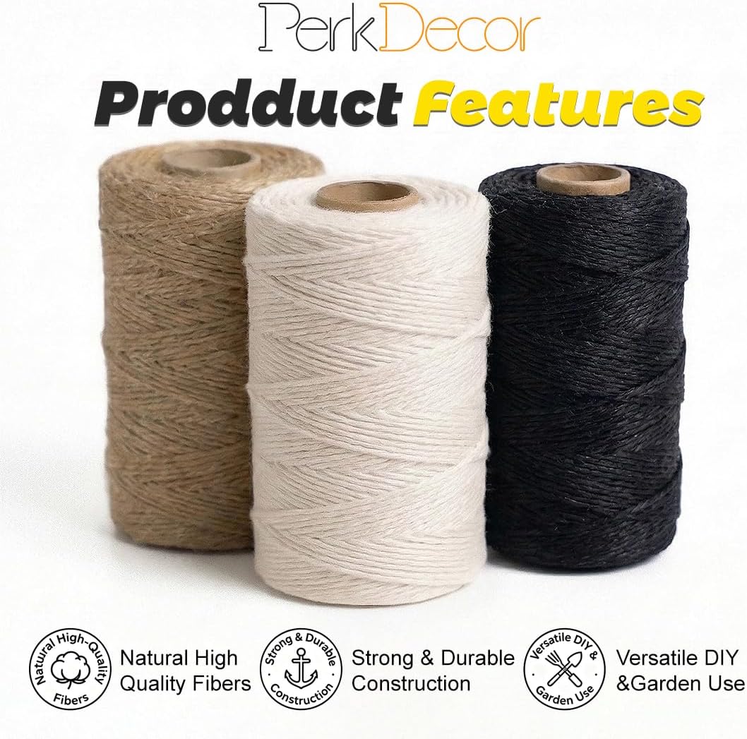 Twine String Natural Jute Twine & Cotton Twine Bundle - Bulk Packing Twine for Crafts, Gift Wrapping String, Gardening Twine, Home Decor (3 Rolls, 984ft, 2mm) - view 4