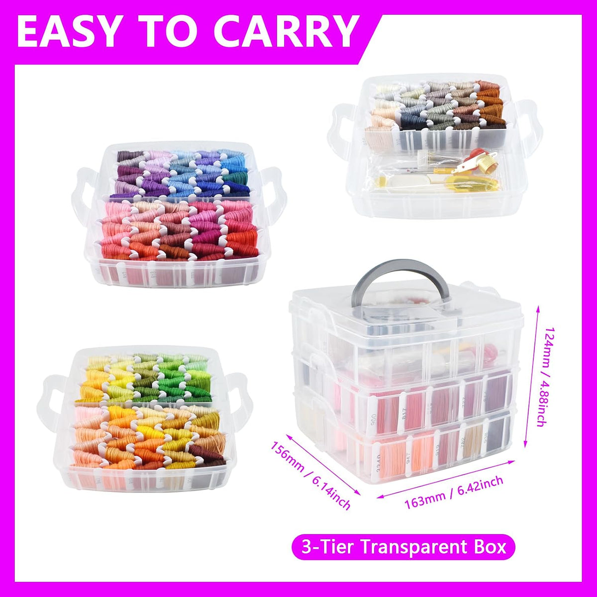 187 Pcs Embroidery Thread Floss Kit, 150 Colors Cross Stitch Threads Friendship Bracelet String and 37pcs Tools kit for Friendship Bracelets Arts DIY Crafts with 3-Tier Transparent Organizer Box - view 4