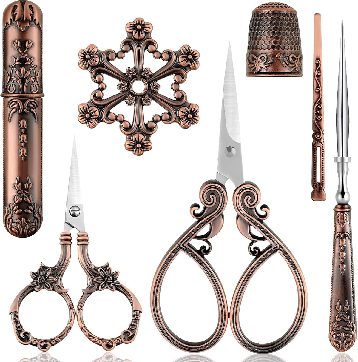 7 Pieces Embroidery Scissor Kit Vintage Scissors for European Style Stainless Steel Sewing Tool Set Antique Sewing Scissor for Crafting Embroidery Sewing Needlework (Red Copper)