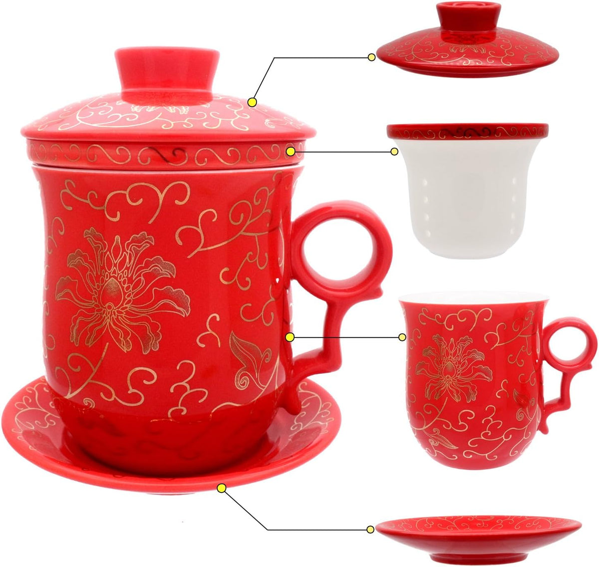 Porcelain Tea Cup with Infuser Lid and Saucer Sets - Chinese Jingdezhen Ceramics Coffee Mug Teacup Loose Leaf Tea Brewing System for Home Office - view 2