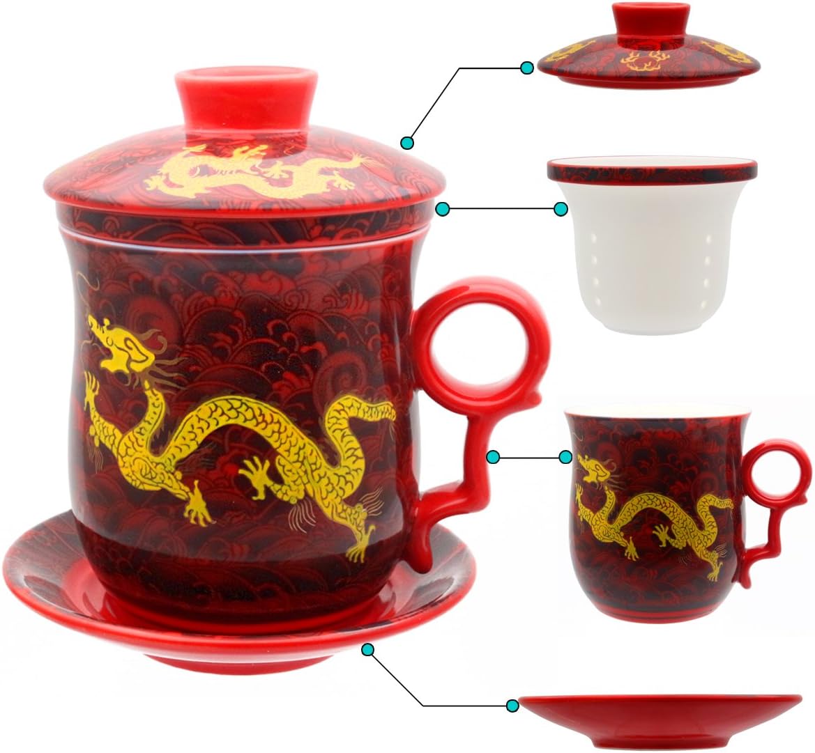 Porcelain Tea Cup with Infuser Lid and Saucer Sets - Chinese Jingdezhen Ceramics Coffee Mug Teacup Loose Leaf Tea Brewing System for Home Office - view 7