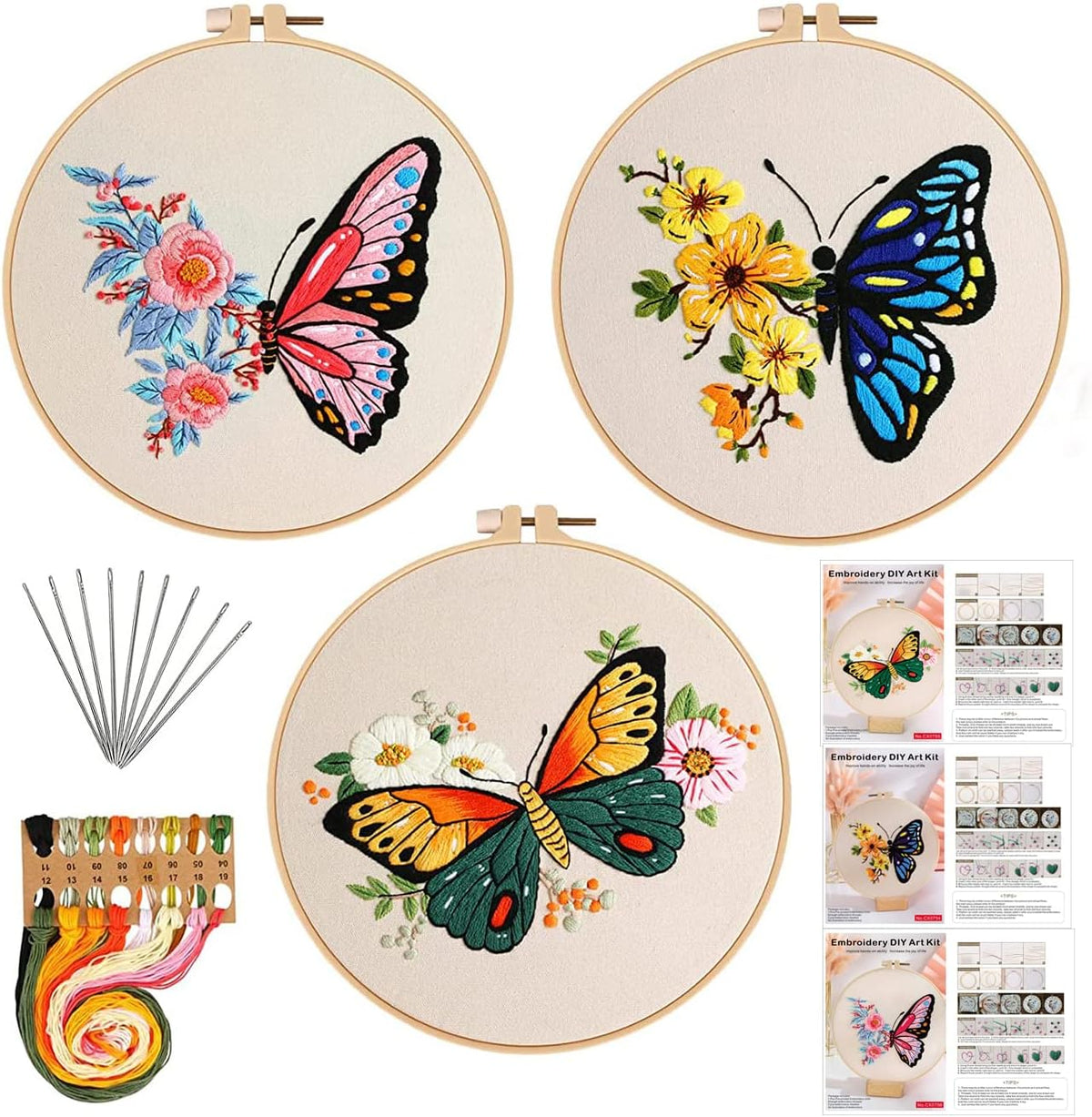 3 Sets Embroidery Kit for Beginners Needlepoint Cross Stitch Kits for Adults,Stitch Learning DIY Kit with Easy Instruction,Stamped Bird Embroidery Patterns,Hoop,Threads,Sewing Hobby - view 3
