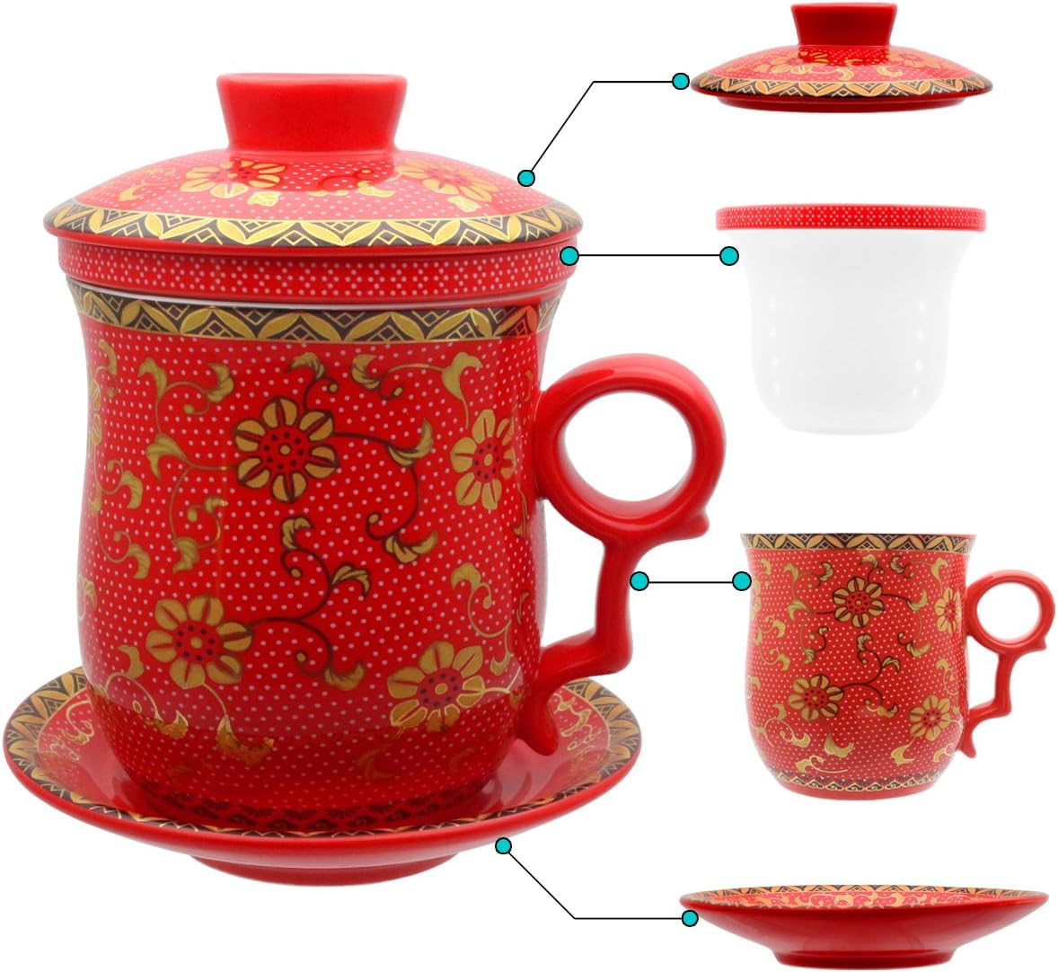 Porcelain Tea Cup with Infuser Lid and Saucer Sets - Chinese Jingdezhen Ceramics Coffee Mug Teacup Loose Leaf Tea Brewing System for Home Office - view 5