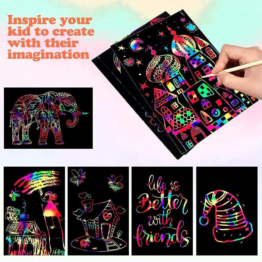 60 PCS Rainbow Scratch Art Paper for Kids, Magic Scratch Paper Off Set Art and Craft Supplies, Black Scratch Pads Party Game Activities Birthday Gifts for Girls Boys 3 4 5 6 7 8 9 Years Old - view 3
