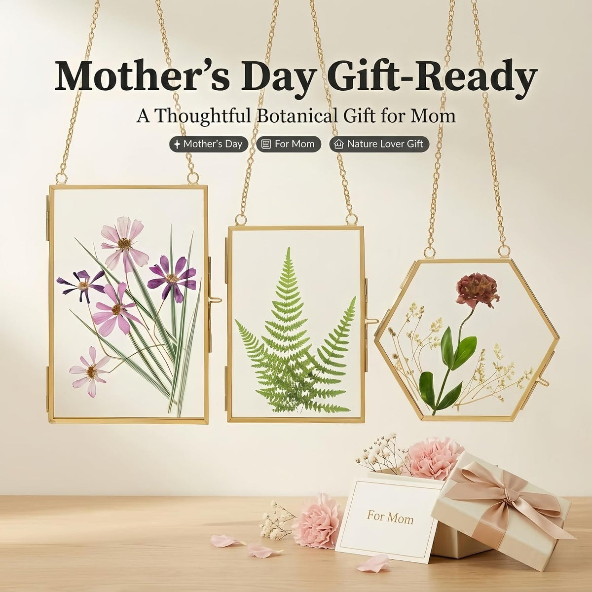 Pressed Flower Frame Kit, 3 Hanging Glass Frames | Three gold double-glass hanging frames with chains, 4 flower packs, tweezers and adhesive dots for flat botanical keepsakes. - view 4
