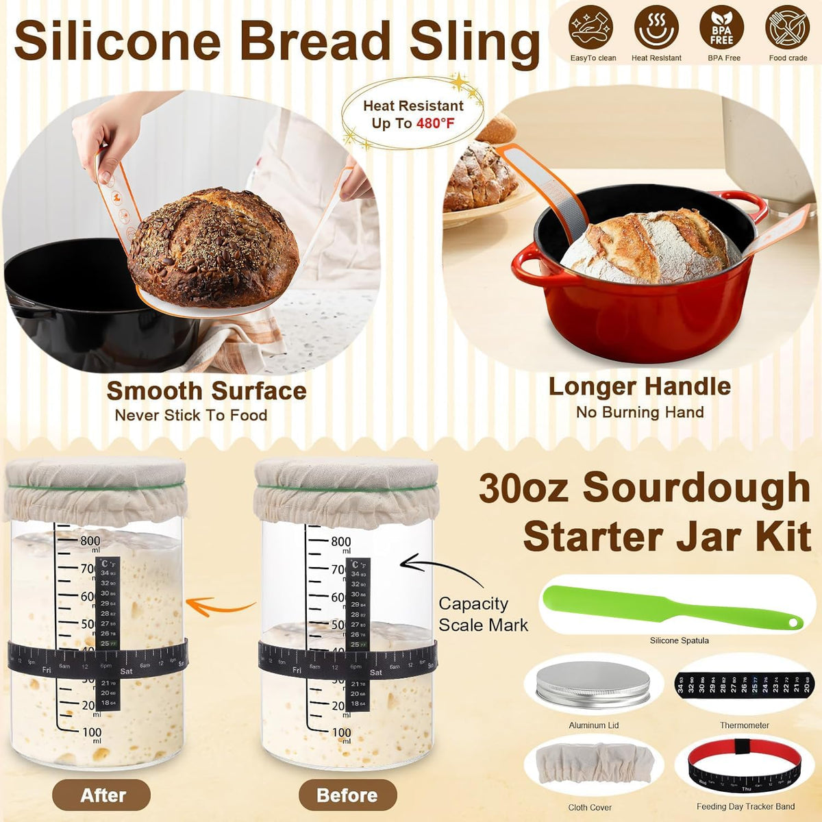 Sourdough Starter Kit, Banneton Bread Proofing Basket Set with Glass Starter Jar, 9" Round & 10" Oval Proving Basket Supplies, Complete Sourdough Bread Baking Tools Kit Gift for Bakers Women - view 4