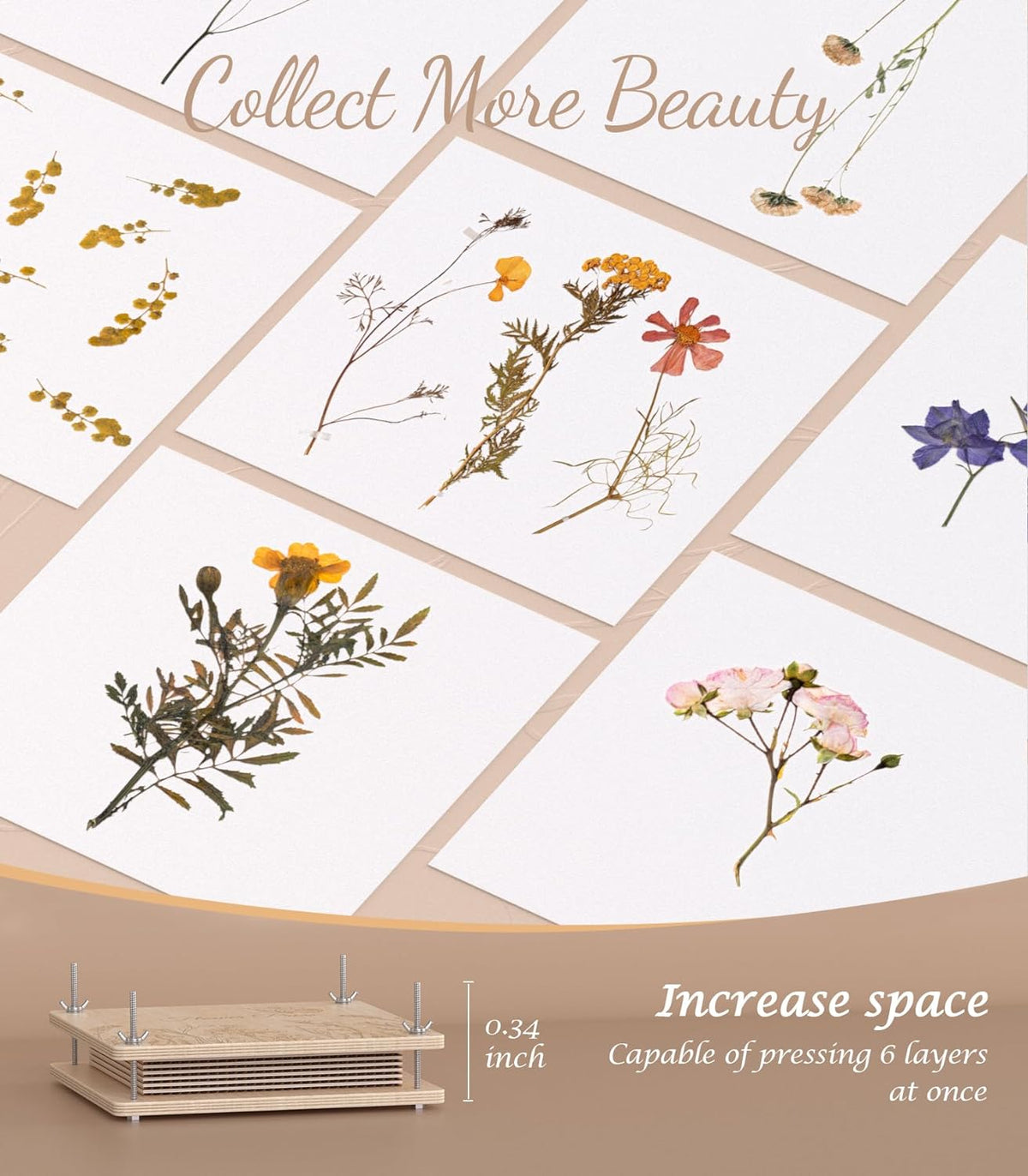 Flower Press Kit, 11" x 11" Large Wooden Flower Press for Adult Teen | 10-Layer Drying Capacity, Preserve Flowers & Leaves Naturally, Create Pressed Flower Art, Bouquet Preservation, DIY Crafts - view 2