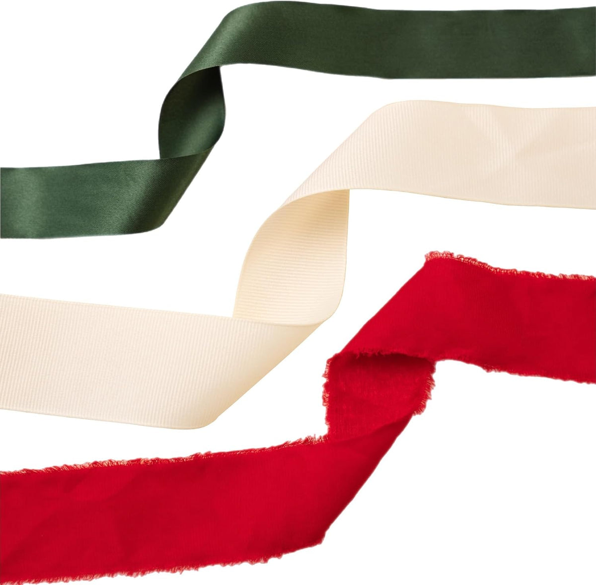 Christmas Gift Wrapping Ribbon Set, 3 Rolls, 60 Yards Total, Red Frayed Velvet, Green Satin & Cream Grosgrain Holiday Ribbons (Bundle 5)