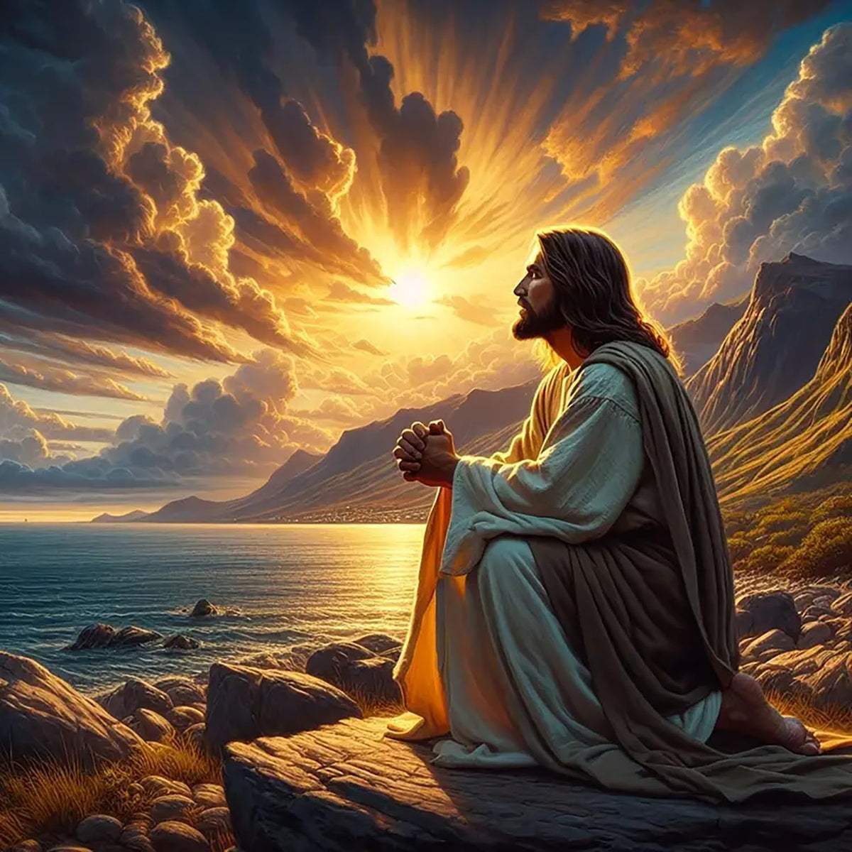 Jesus Christ Prayer Diamond Art Kits for Adults,Sunset Landscape 5D Diamond Painting Kits for Beginner,DIY Round Full Drill Diamond Dots Paintings Picture Gem Art&Crafts Home Decor 13.8x13.8in