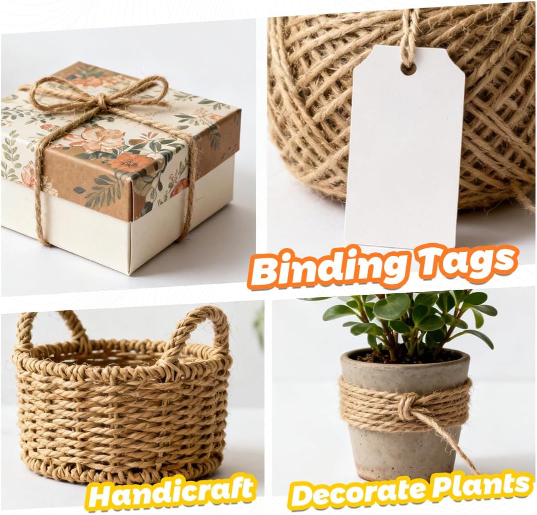 Twine String Natural Jute Twine & Cotton Twine Bundle - Bulk Packing Twine for Crafts, Gift Wrapping String, Gardening Twine, Home Decor (3 Rolls, 984ft, 2mm) - view 5