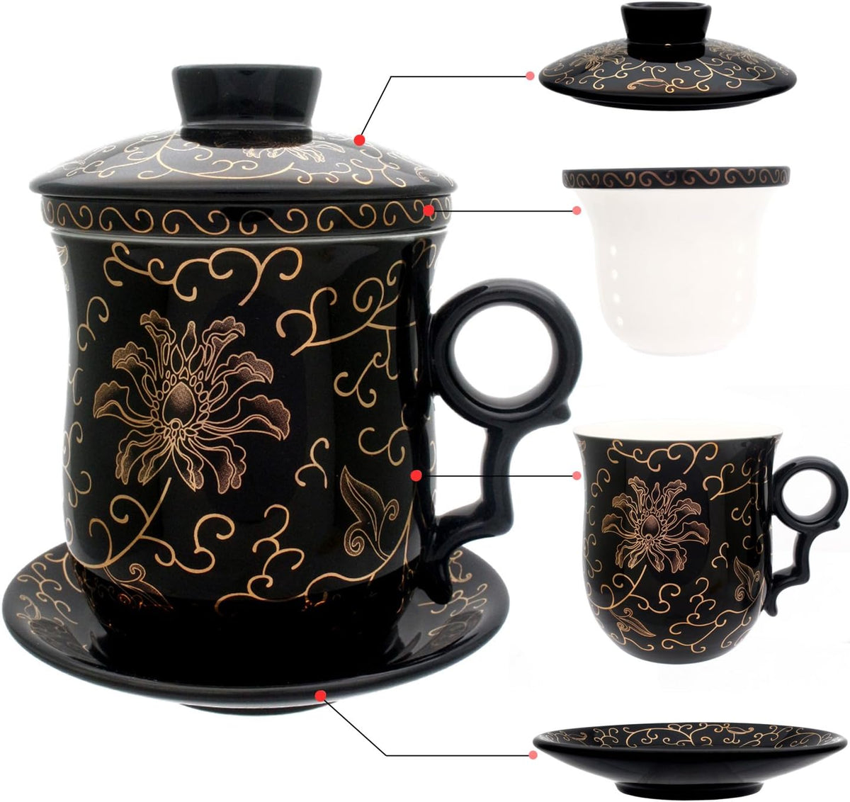 Porcelain Tea Cup with Infuser Lid and Saucer Sets - Chinese Jingdezhen Ceramics Coffee Mug Teacup Loose Leaf Tea Brewing System for Home Office
