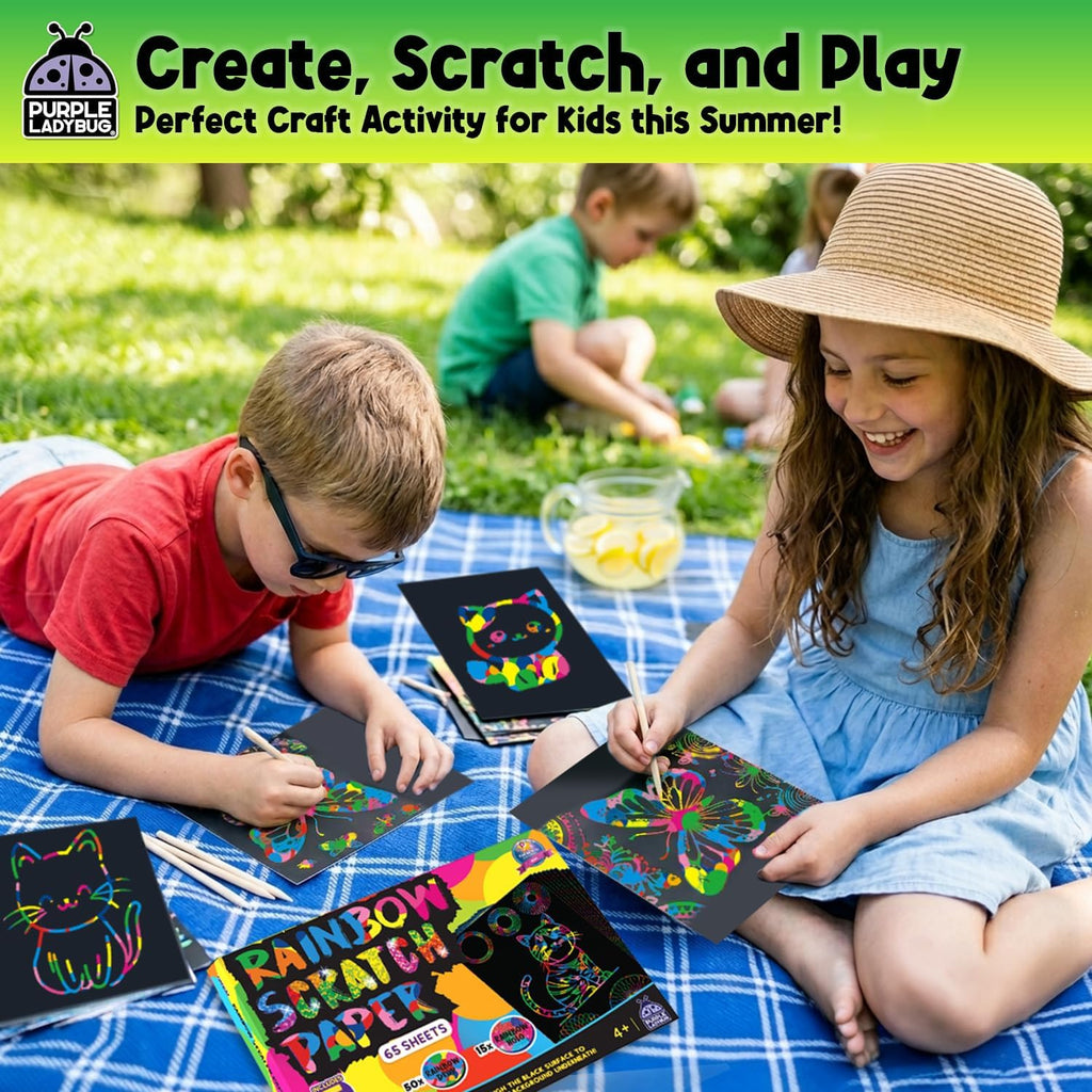 Rainbow Scratch Art Kit with Stencils, 79 Pc Craft Kit Ages 4-8 | Creative Drawing Paper & Stencils, Arts and Crafts for Ages 4-12, Summer Activities for Kids, Travel & Birthday Activities - view 2