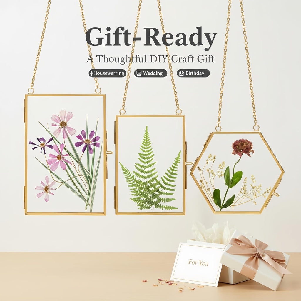 Pressed Flower Frame Kit, 3 Hanging Glass Frames | Three gold double-glass hanging frames with chains, 4 flower packs, tweezers and adhesive dots for flat botanical keepsakes. - view 8