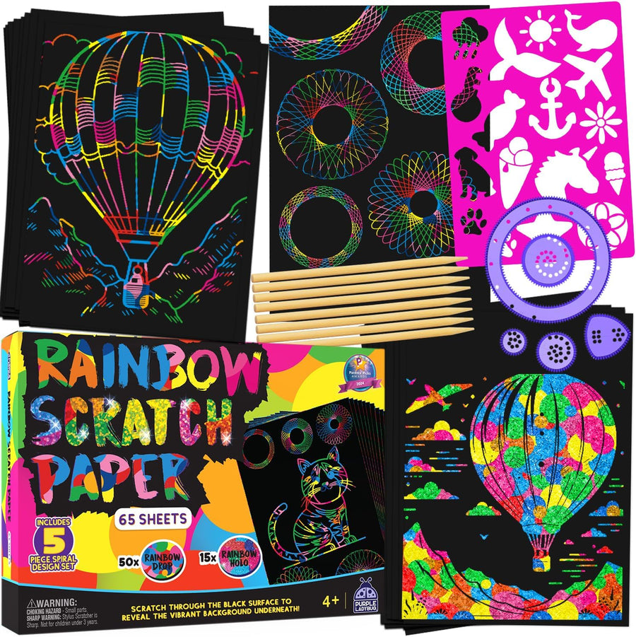 Rainbow Scratch Art Kit with Stencils, 79 Pc Craft Kit Ages 4-8 | Creative Drawing Paper & Stencils, Arts and Crafts for Ages 4-12, Summer Activities for Kids, Travel & Birthday Activities