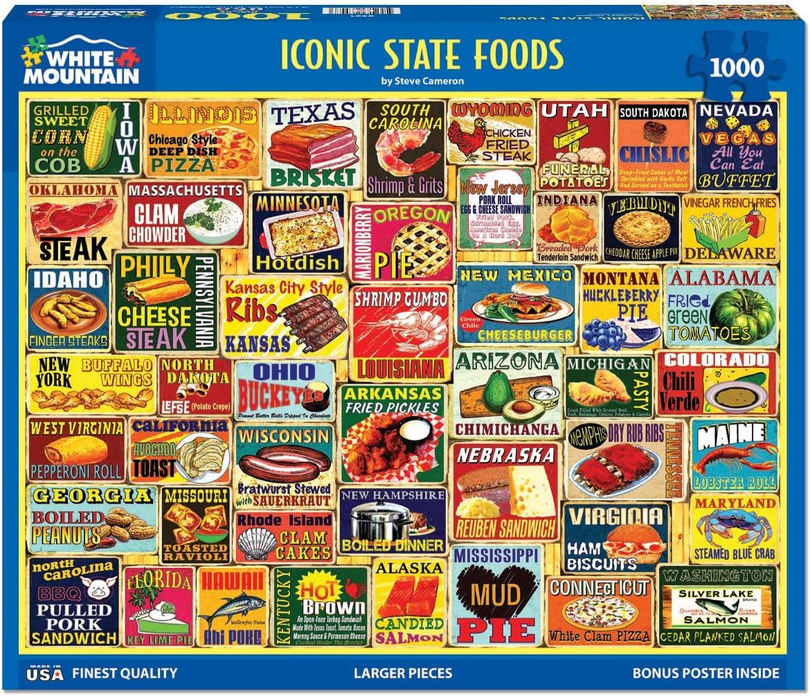 1000 Piece Jigsaw Puzzle, Iconic State Foods | Large Pieces, Gift for Adults and Family, 24"x30" in, Classic American Food Collage