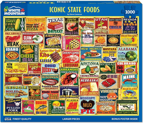1000 Piece Jigsaw Puzzle, Iconic State Foods | Large Pieces, Gift for Adults and Family, 24"x30" in, Classic American Food Collage