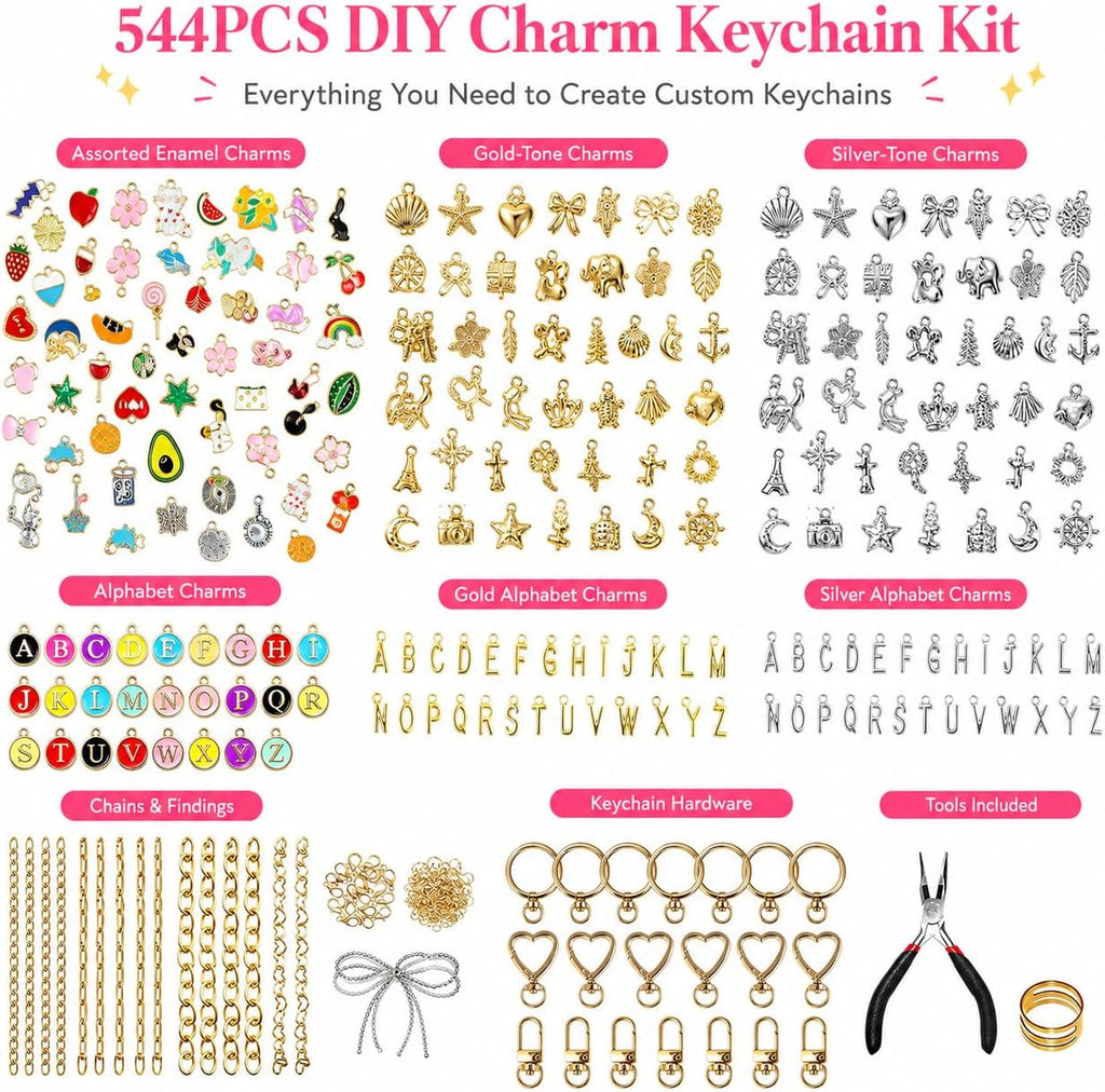 544-Piece Keychain Making Kit for Lip Gloss Holders & Bag Charms | 198 charms, 250 jump rings, clips, chains, jewelry pliers & opener, backpack charms, zipper pulls, party favors, craft nights - view 2