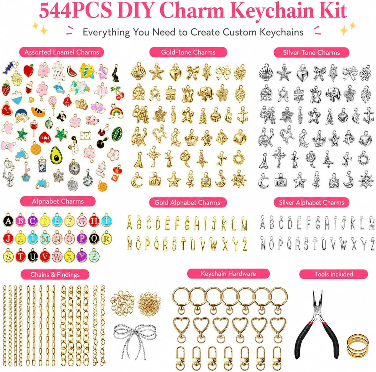 544-Piece Keychain Making Kit for Lip Gloss Holders & Bag Charms | 198 charms, 250 jump rings, clips, chains, jewelry pliers & opener, backpack charms, zipper pulls, party favors, craft nights - view 2