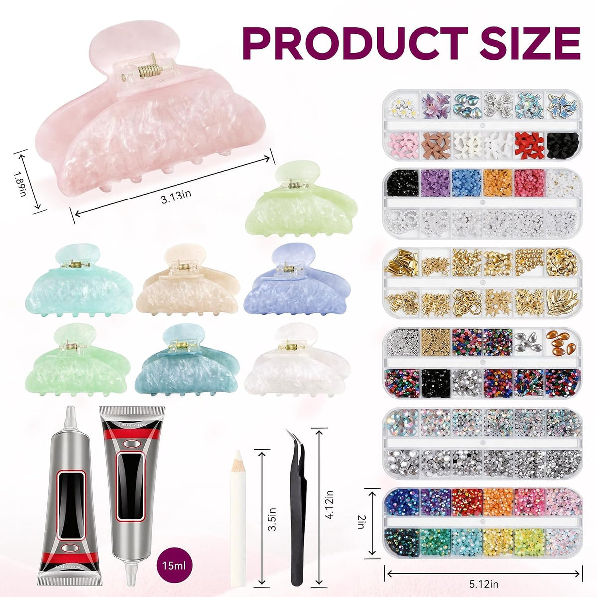 8 Sets DIY Hair Claw Clips Kit, Claw Clip Decorating Kit for Craft Night | Claw Clip Bedazzling Kit, 6 Boxes Accessories with Storage Box, Custom Hair Clip Making Kit for Women Adults DIY Craft Night - view 3