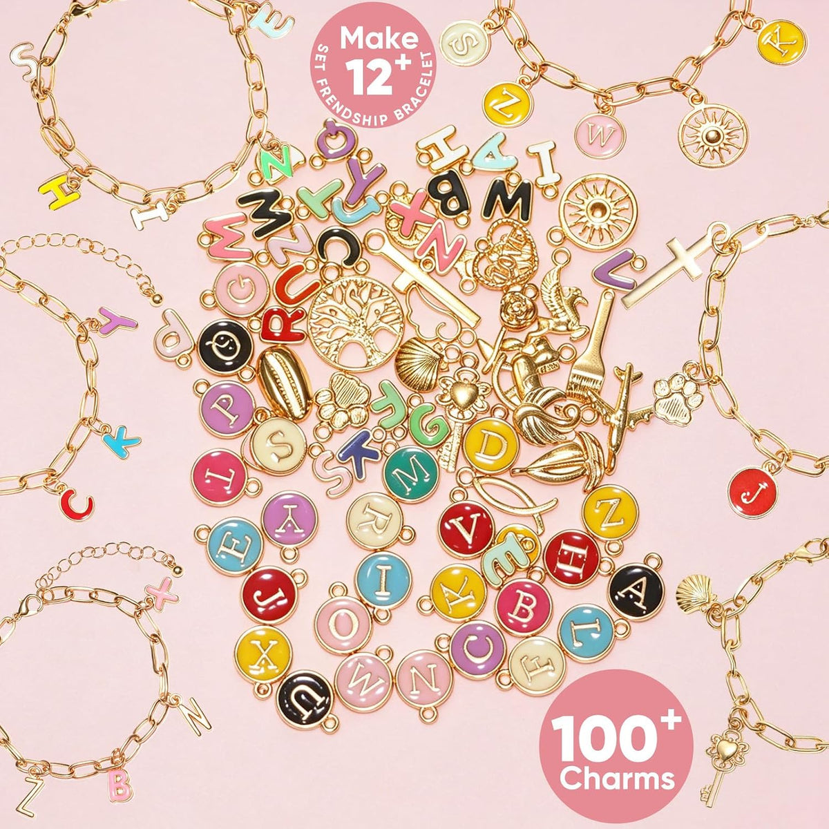 Friendship Bracelet Making Kit, DIY Jewelry Making Kit for Craft Night Beginners, Personalized Charms Birthday Gift with 12 Set Anti-Tarnish Chains & 78 Pcs Letters Charms - view 2
