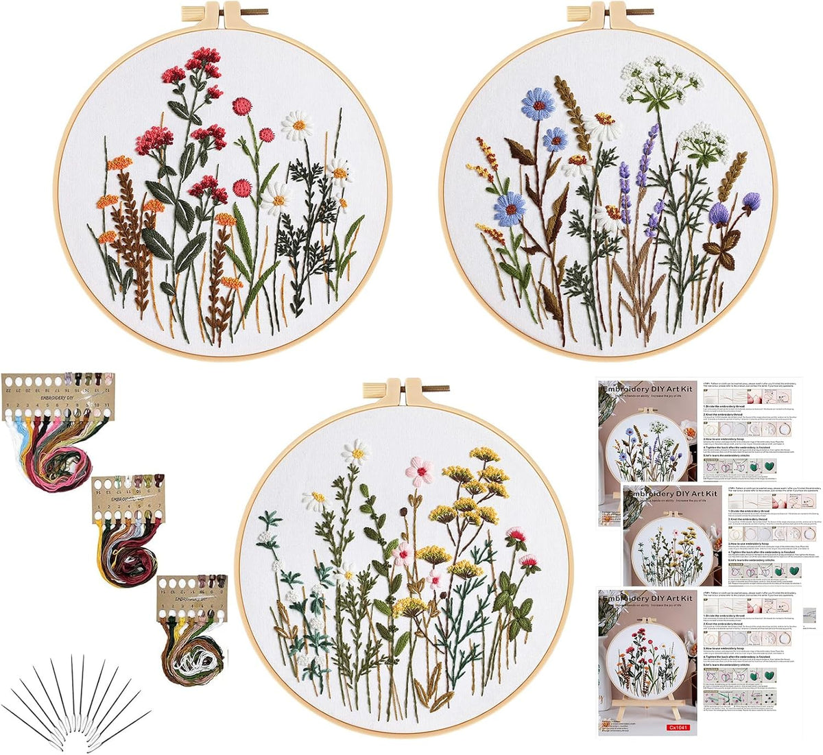 3 Sets Embroidery Kit for Beginners Needlepoint Cross Stitch Kits for Adults,Stitch Learning DIY Kit with Easy Instruction,Stamped Bird Embroidery Patterns,Hoop,Threads,Sewing Hobby - view 7