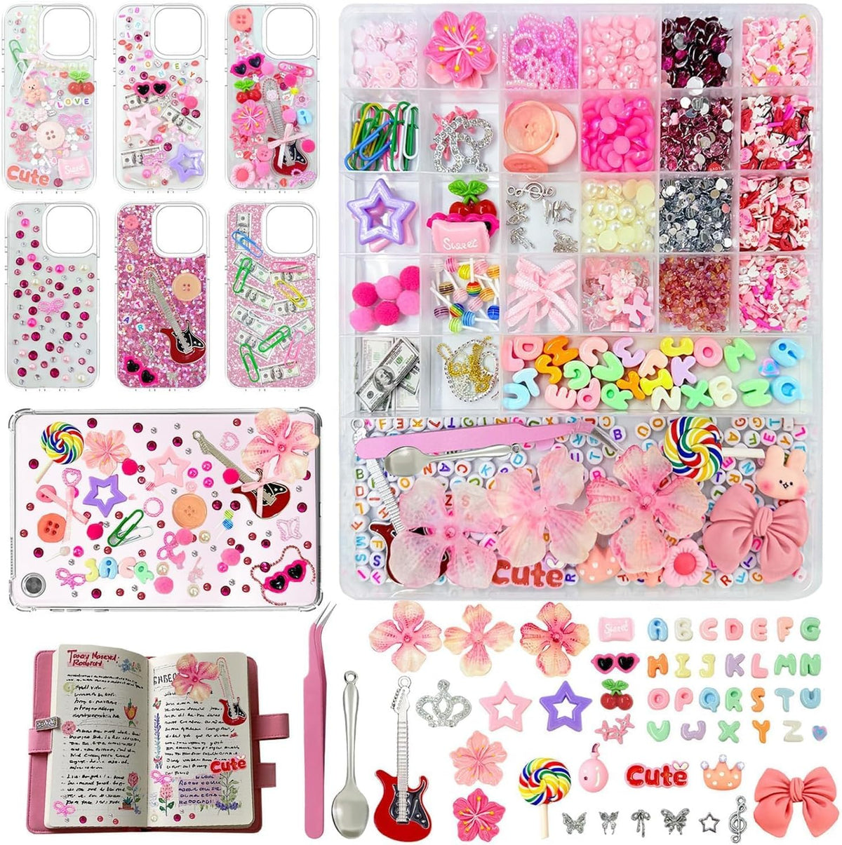 2280Pcs Junk Case Charms Kit,Y2K Nail Phone Cases Charms Bow Flower Letter Resin Accessories Beads for DIY Craft Scrapbooking Jewelry Making - view 8