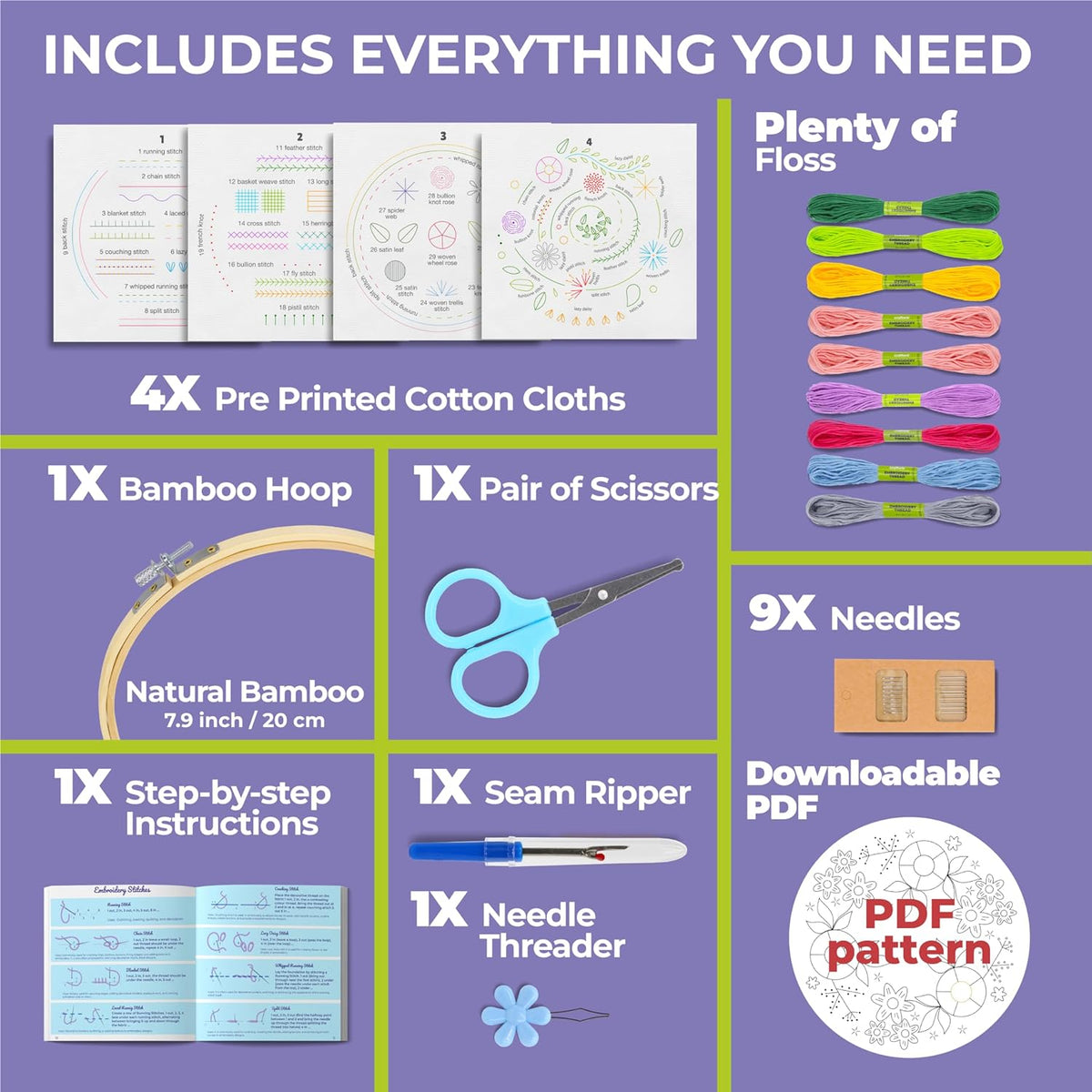 4-Piece Starter Embroidery Kit for Beginners and Expert with Simple Patterns, Learn 29 Stitches with Hand Embroidery Kit - view 2