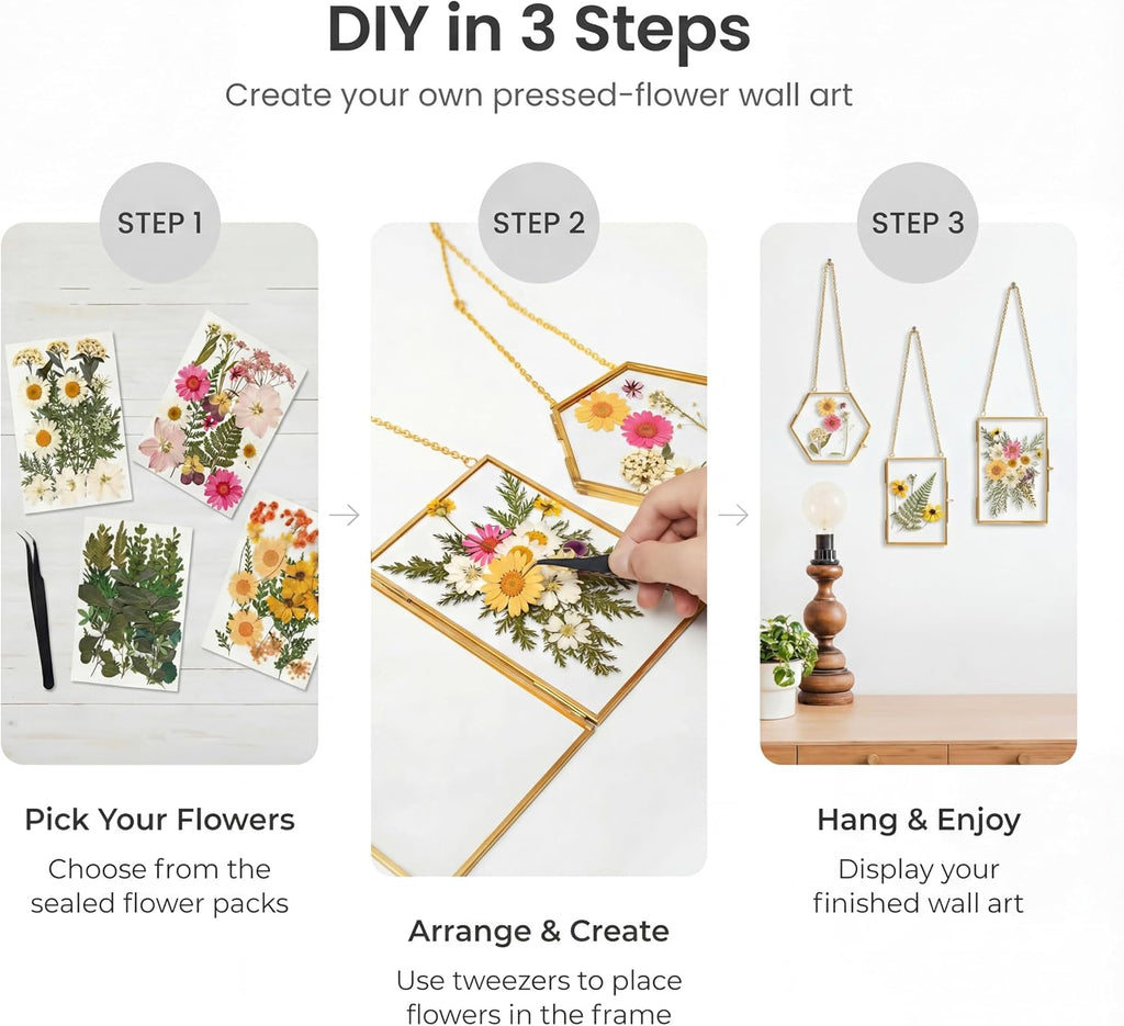 Pressed Flower Frame Kit, 3 Hanging Glass Frames | Three gold double-glass hanging frames with chains, 4 flower packs, tweezers and adhesive dots for flat botanical keepsakes. - view 5