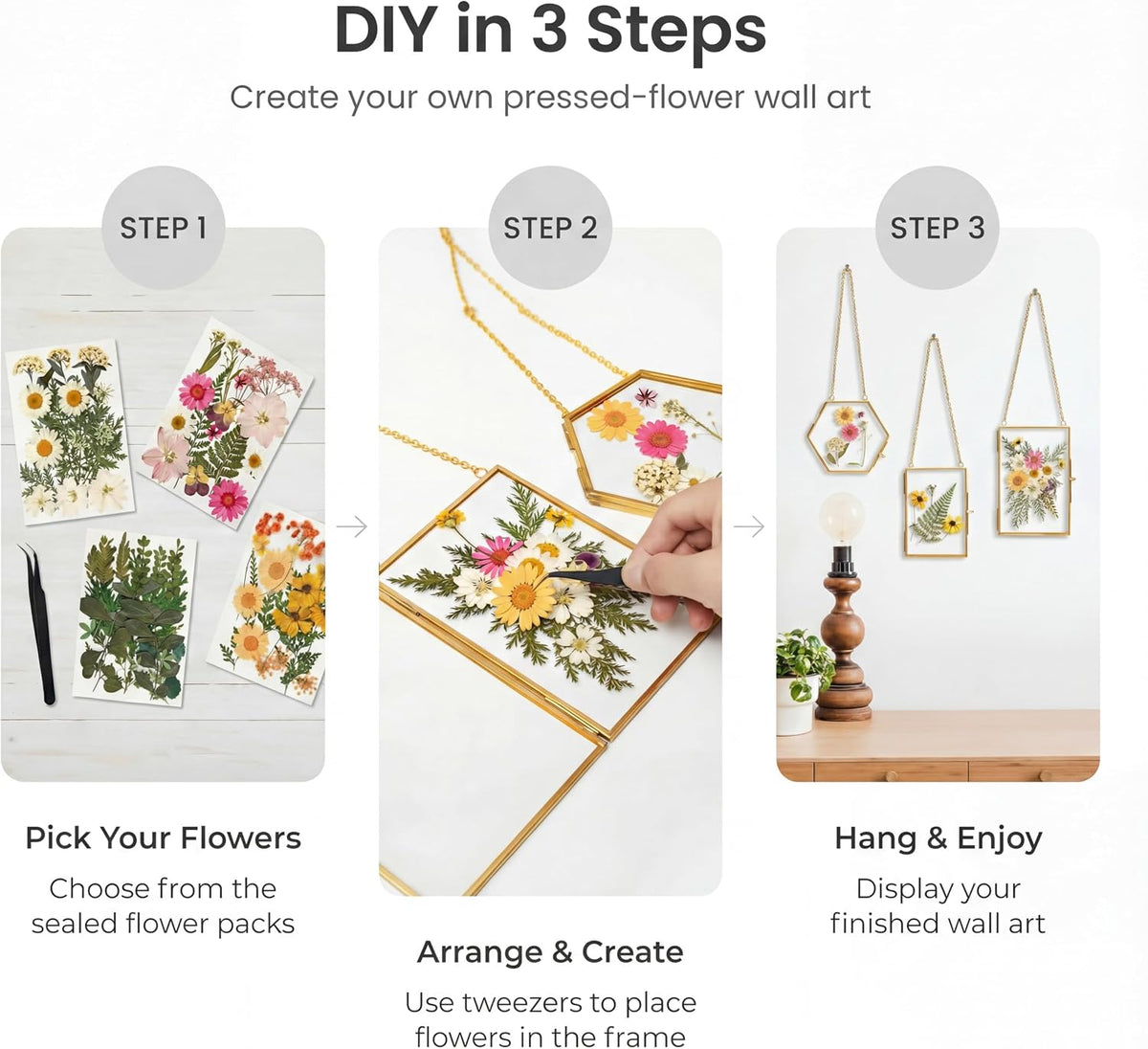 Pressed Flower Frame Kit, 3 Hanging Glass Frames | Three gold double-glass hanging frames with chains, 4 flower packs, tweezers and adhesive dots for flat botanical keepsakes. - view 5