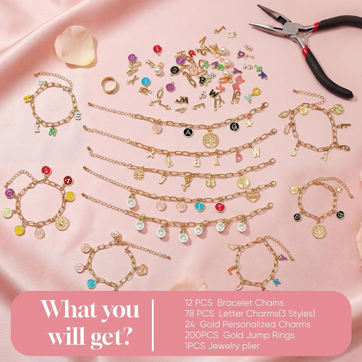 Friendship Bracelet Making Kit, DIY Jewelry Making Kit for Craft Night Beginners, Personalized Charms Birthday Gift with 12 Set Anti-Tarnish Chains & 78 Pcs Letters Charms - view 5