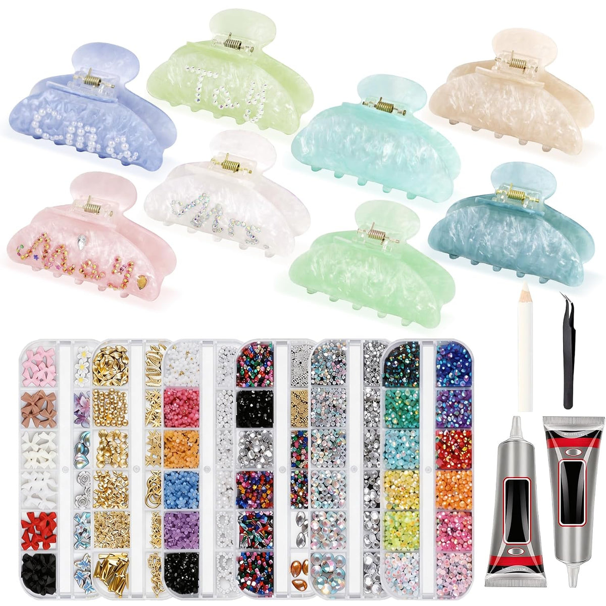 8 Sets DIY Hair Claw Clips Kit, Claw Clip Decorating Kit for Craft Night | Claw Clip Bedazzling Kit, 6 Boxes Accessories with Storage Box, Custom Hair Clip Making Kit for Women Adults DIY Craft Night