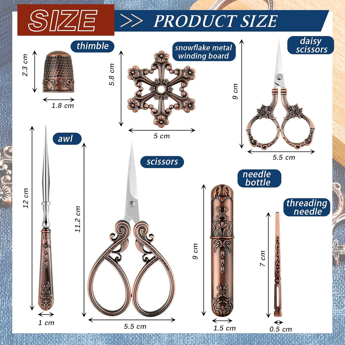7 Pieces Embroidery Scissor Kit Vintage Scissors for European Style Stainless Steel Sewing Tool Set Antique Sewing Scissor for Crafting Embroidery Sewing Needlework (Red Copper) - view 2
