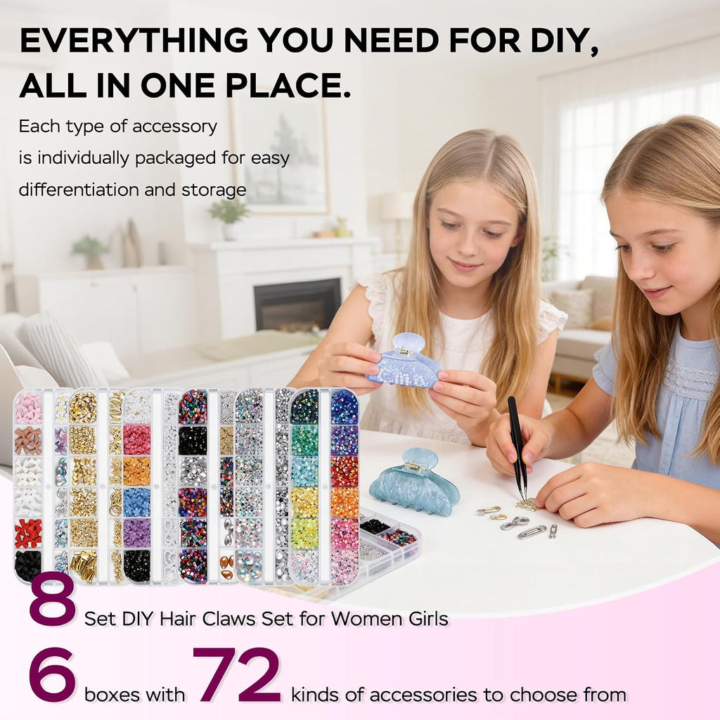 8 Sets DIY Hair Claw Clips Kit, Claw Clip Decorating Kit for Craft Night | Claw Clip Bedazzling Kit, 6 Boxes Accessories with Storage Box, Custom Hair Clip Making Kit for Women Adults DIY Craft Night - view 2